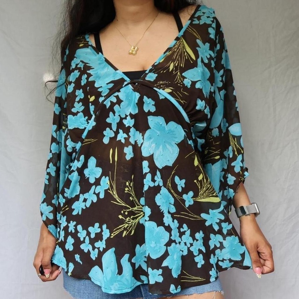 2000s Fairy Floral Sheer V-Neck Blouse